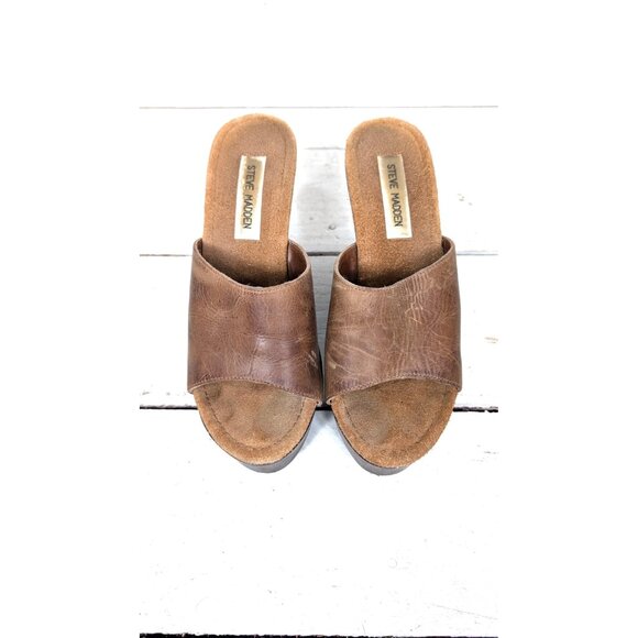 Steve Madden open toe platform wooden wedge leather sandal - Picture 2 of 5